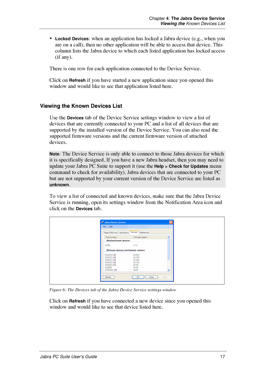 Jabra PC Suite manual Viewing the Known Devices List, Devices tab of the Jabra Device Service settings window 