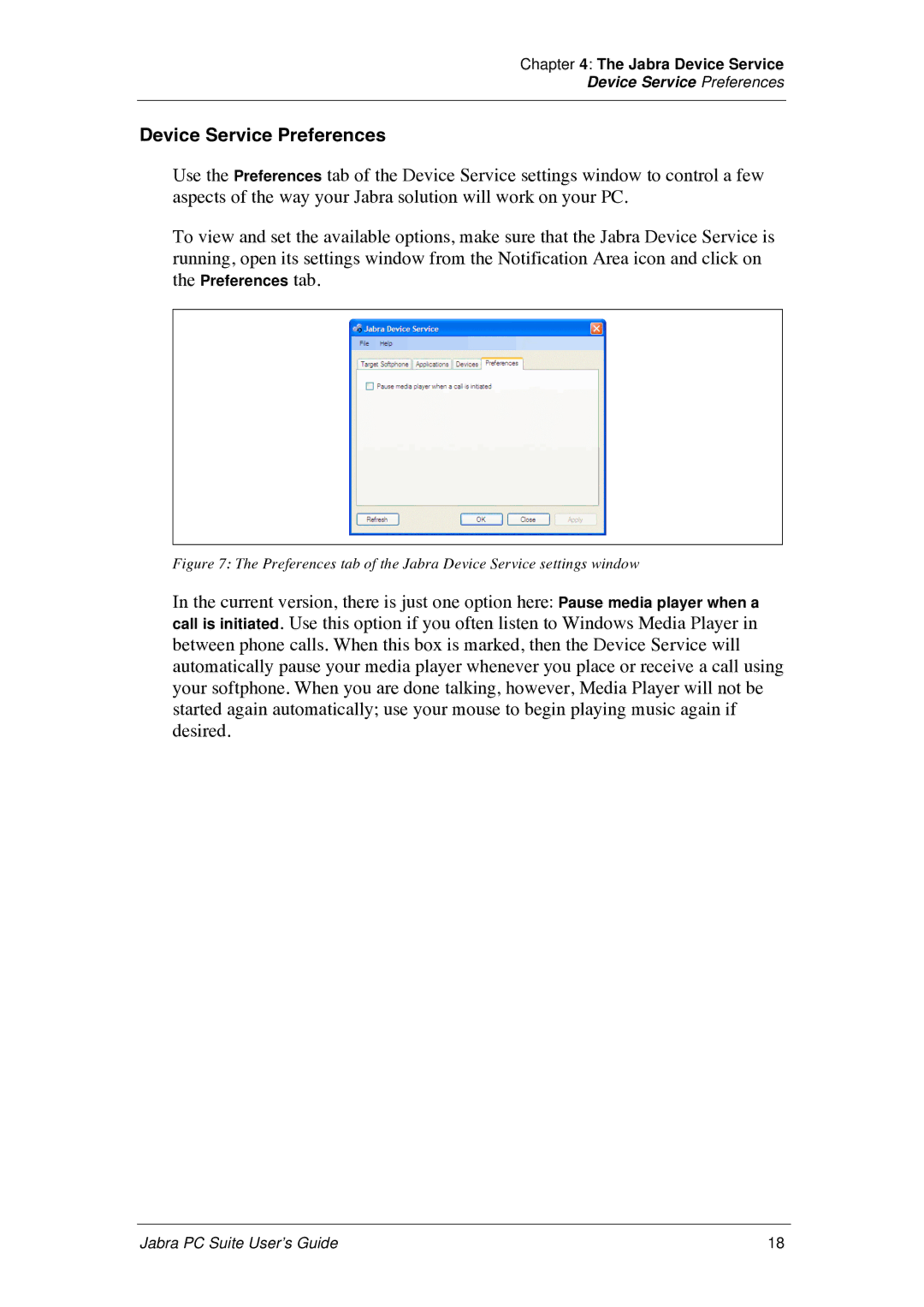 Jabra PC Suite manual Device Service Preferences, Preferences tab of the Jabra Device Service settings window 