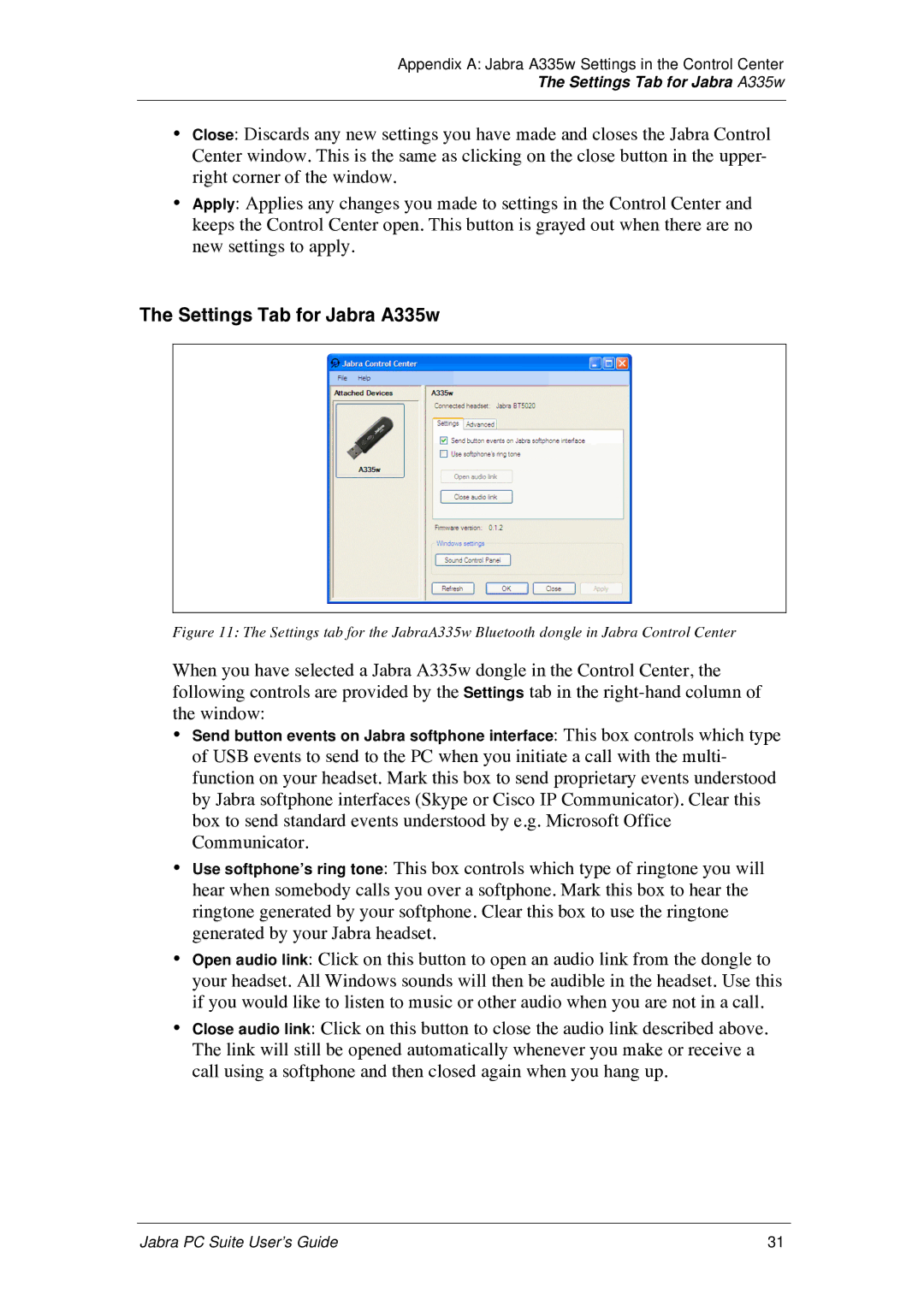 Jabra PC Suite manual Settings Tab for Jabra A335w 