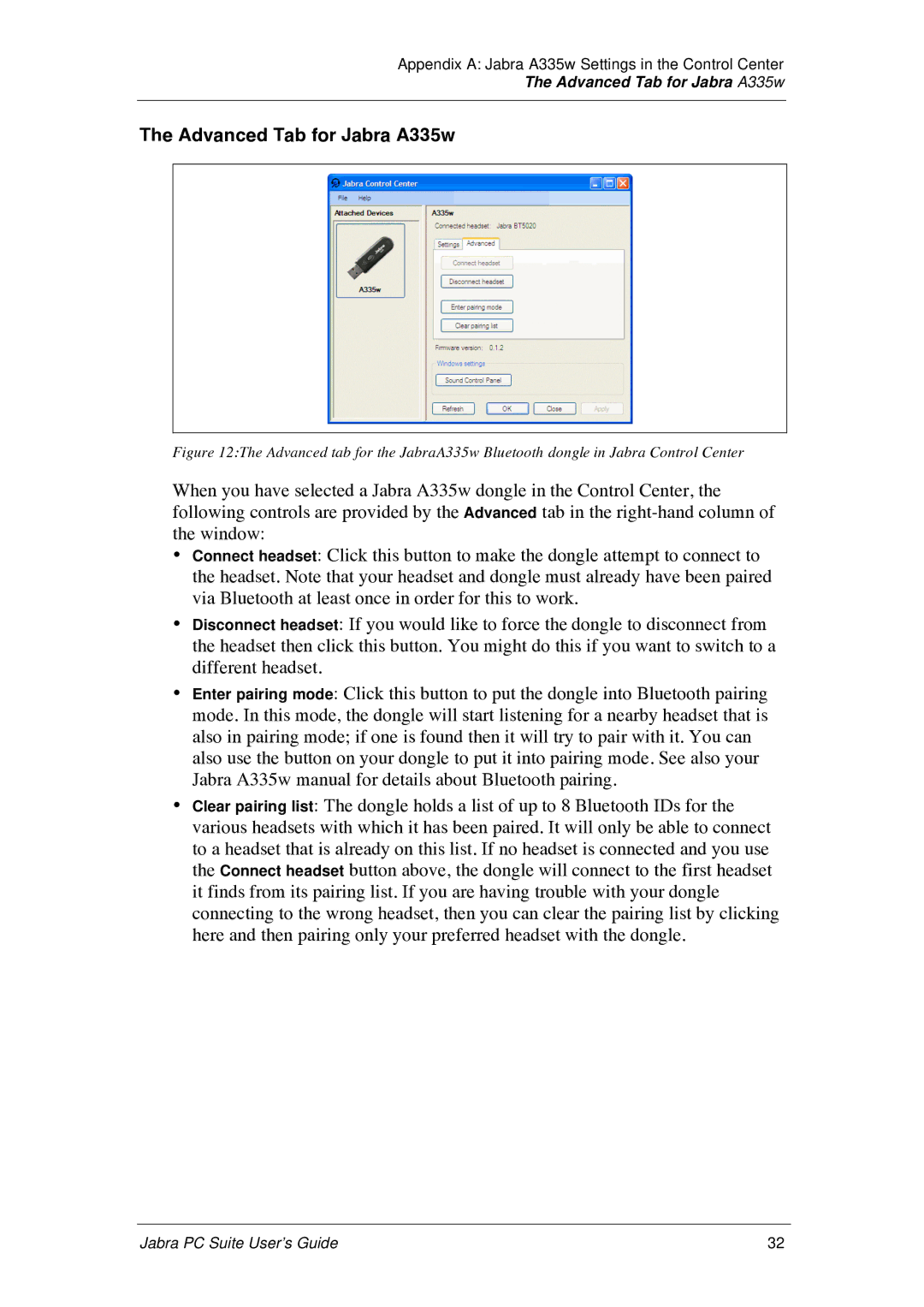 Jabra PC Suite manual Advanced Tab for Jabra A335w 