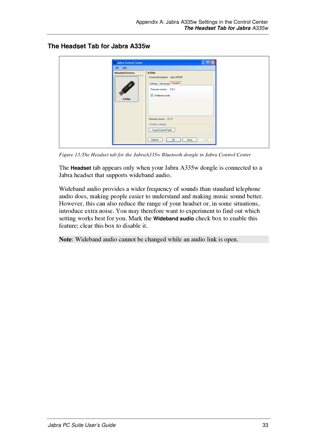 Jabra PC Suite manual Headset Tab for Jabra A335w 