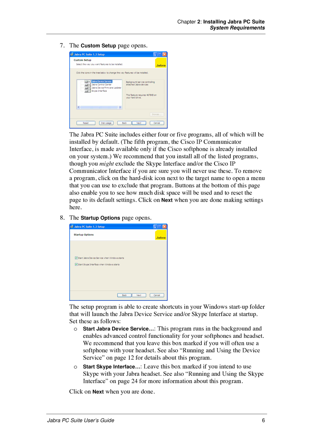 Jabra PC Suite manual Startup Options page opens 