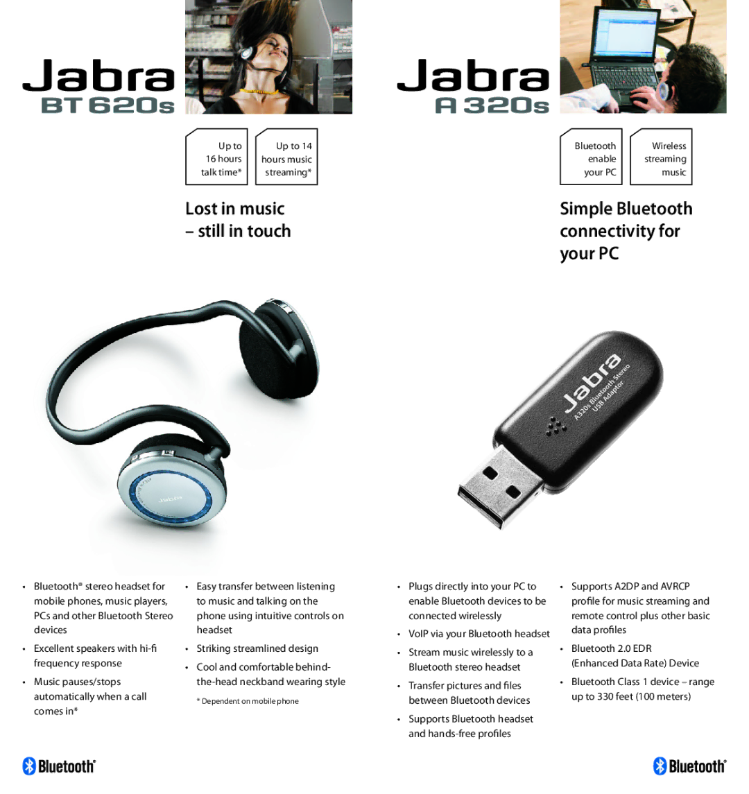 Jabra Portfolio specifications Lost in music Still in touch, Simple Bluetooth connectivity for your PC 