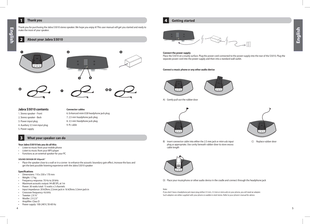 Jabra manual Thank you, Jabra S5010 contents, What your speaker can do, Getting started 