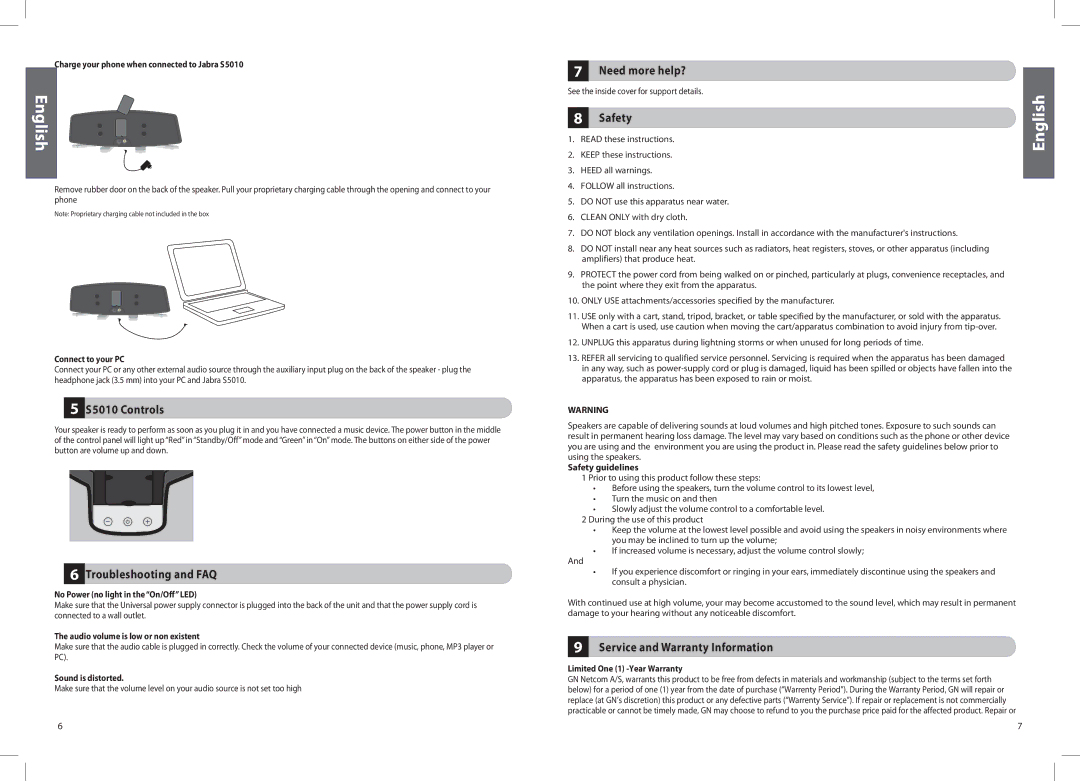 Jabra manual S5010 Controls, Troubleshooting and FAQ, Need more help?, Safety, Service and Warranty Information 