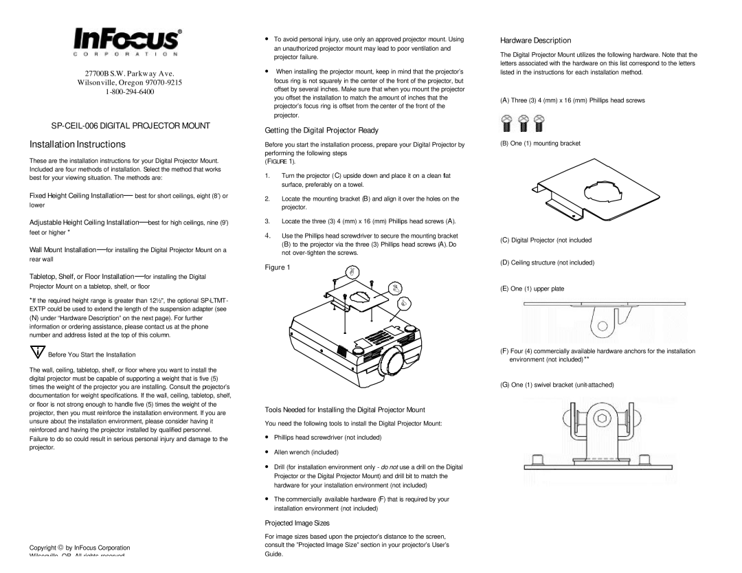 Jabra SP-CEIL-006 installation instructions Getting the Digital Projector Ready, Hardware Description 