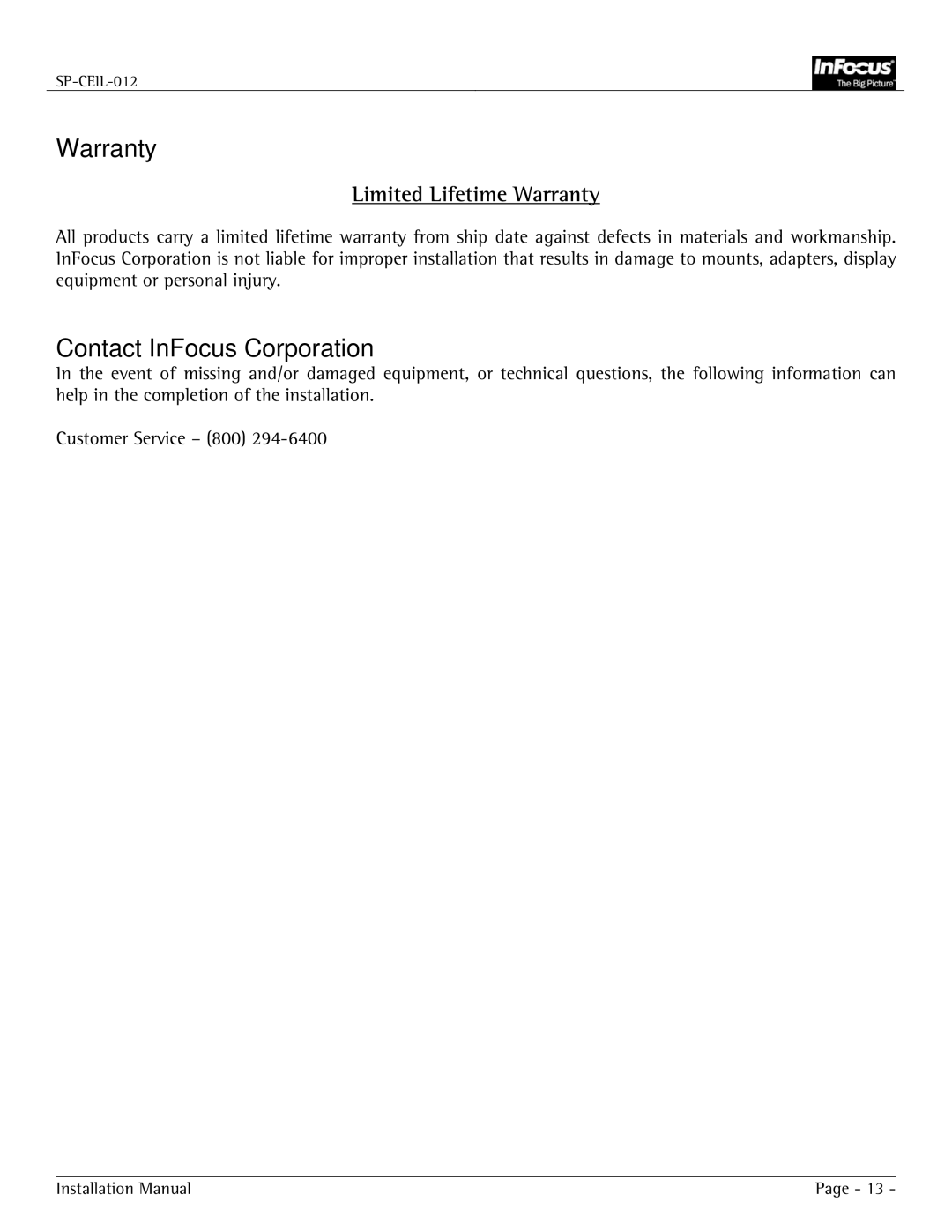 Jabra SP-CEIL-012 installation manual Warranty, Contact InFocus Corporation 