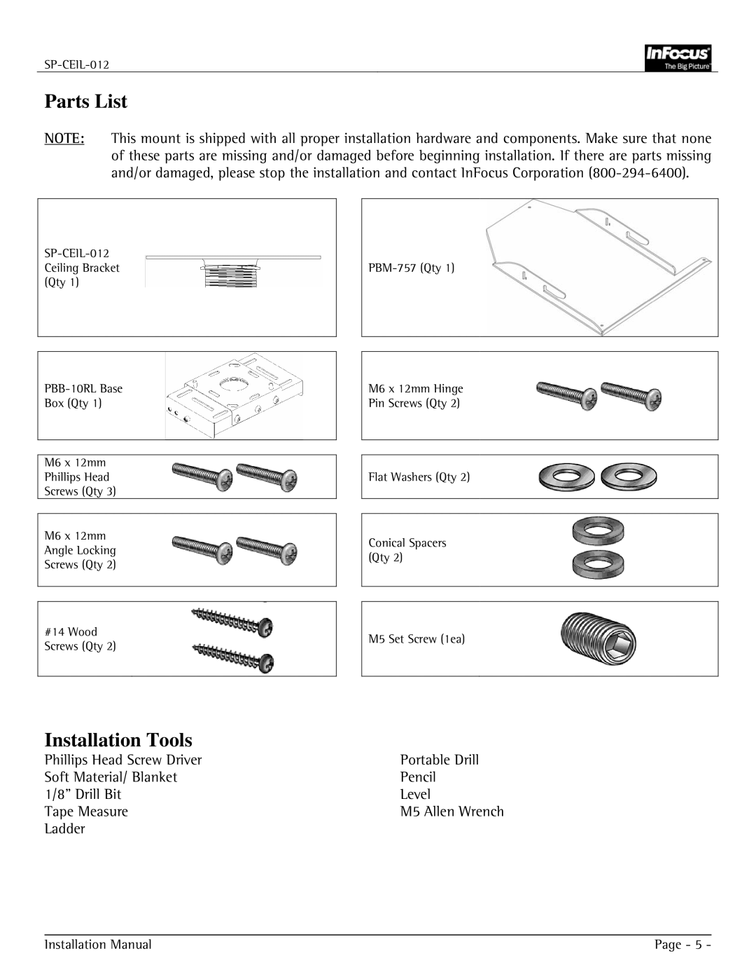 Jabra SP-CEIL-012 installation manual Parts List, Installation Tools 