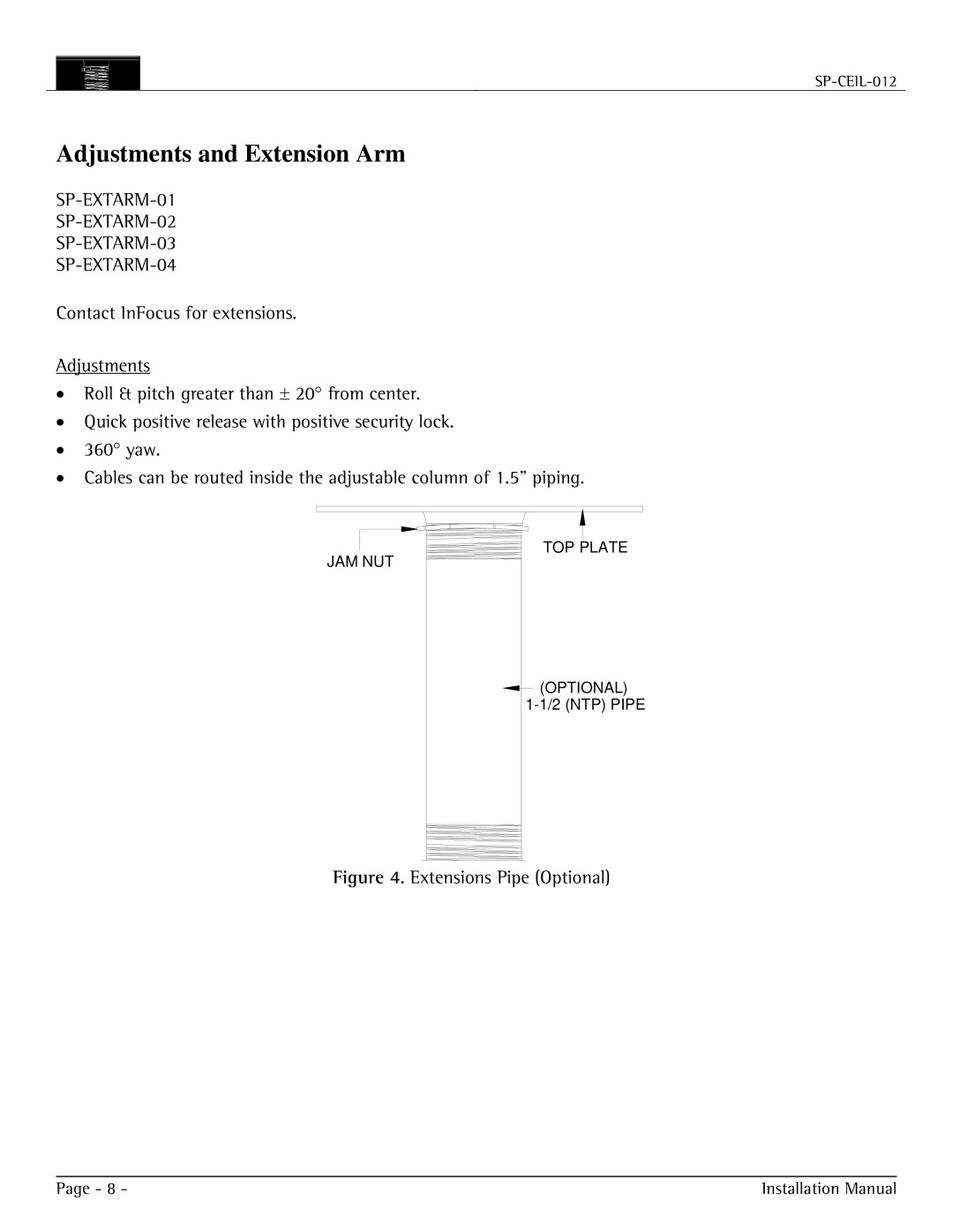 Jabra SP-CEIL-012 installation manual Adjustments and Extension Arm, SP-EXTARM-01 SP-EXTARM-02 SP-EXTARM-03 SP-EXTARM-04 