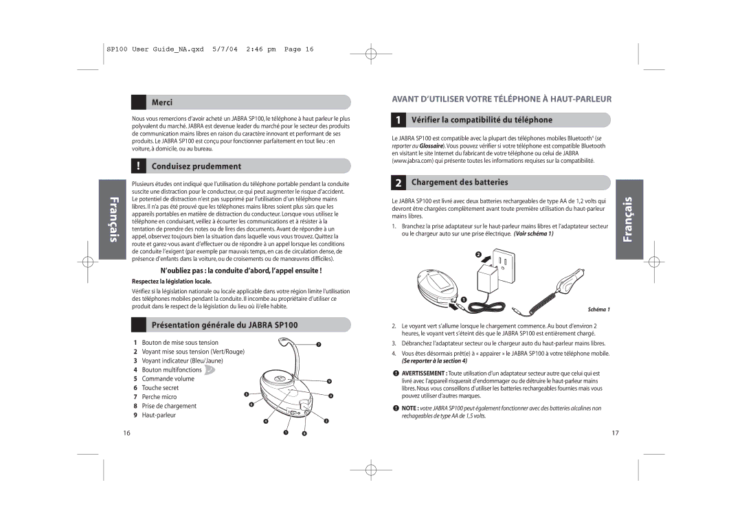 Jabra user manual Merci, Conduisez prudemment, Présentation générale du Jabra SP100, Mains libres 