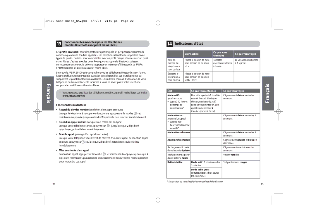 Jabra SP100 user manual Indicateurs détat, Mobiles Bluetooth avec profil mains libres, Fonctionnalités avancées 