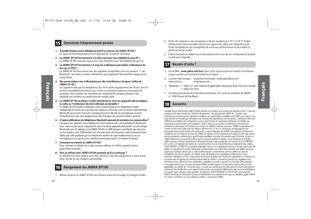 Jabra user manual Questions fréquemment posées, Rangement du Jabra SP100, Besoin d’aide ?, Garantie 