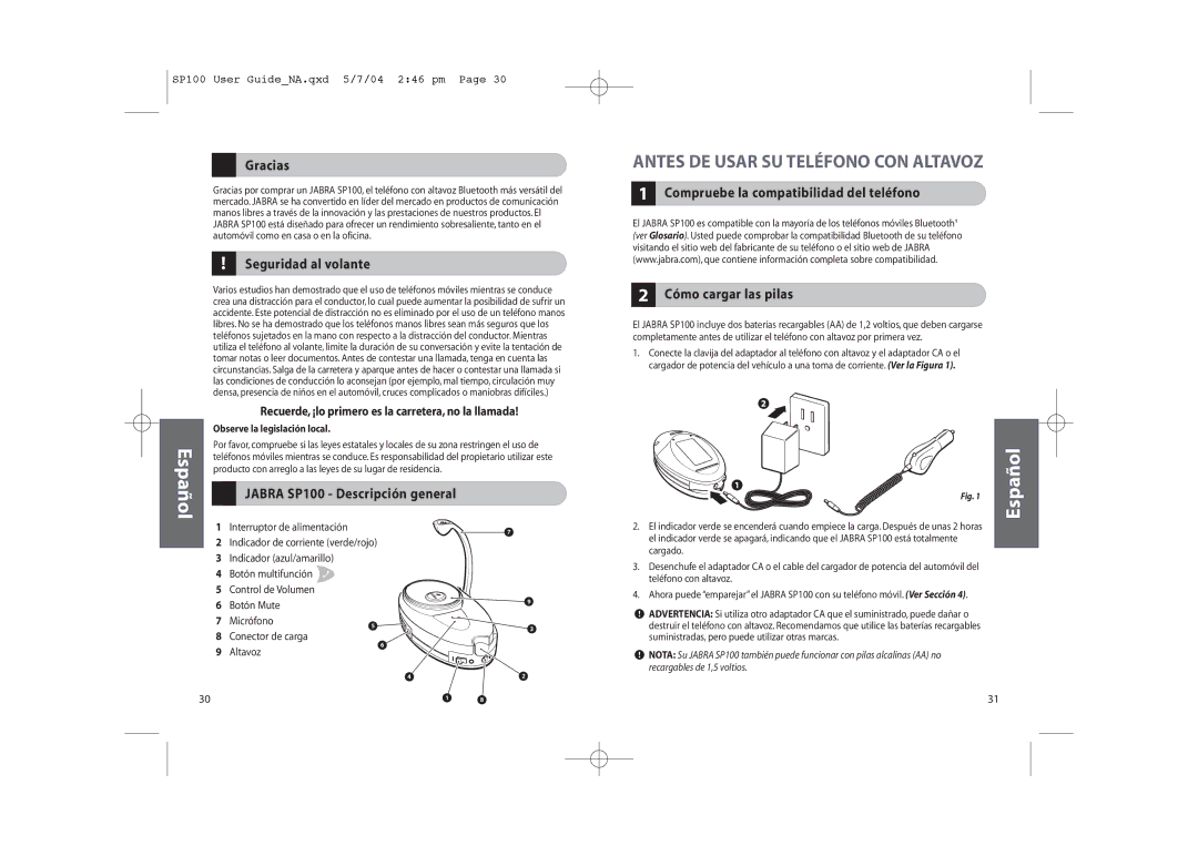 Jabra user manual Gracias, Seguridad al volante, Jabra SP100 Descripción general, Observe la legislación local 