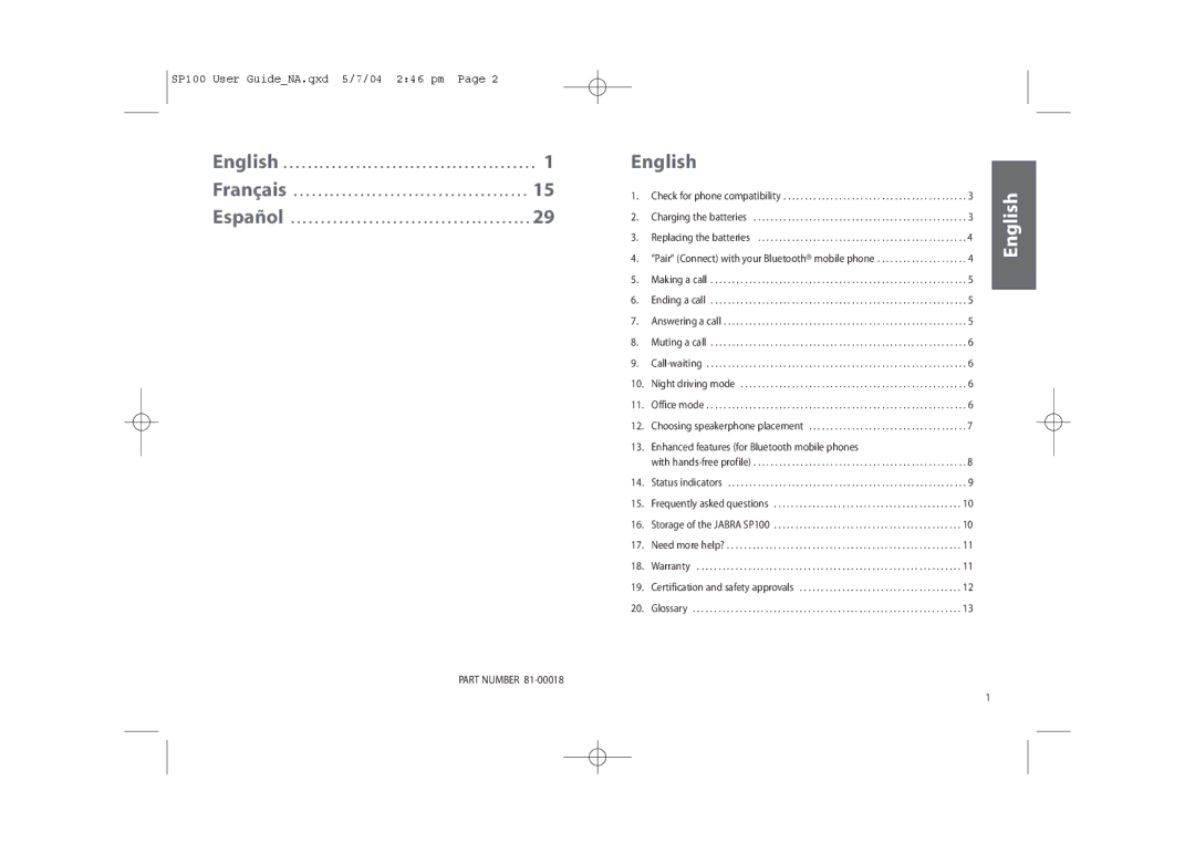 Jabra SP100 user manual English 