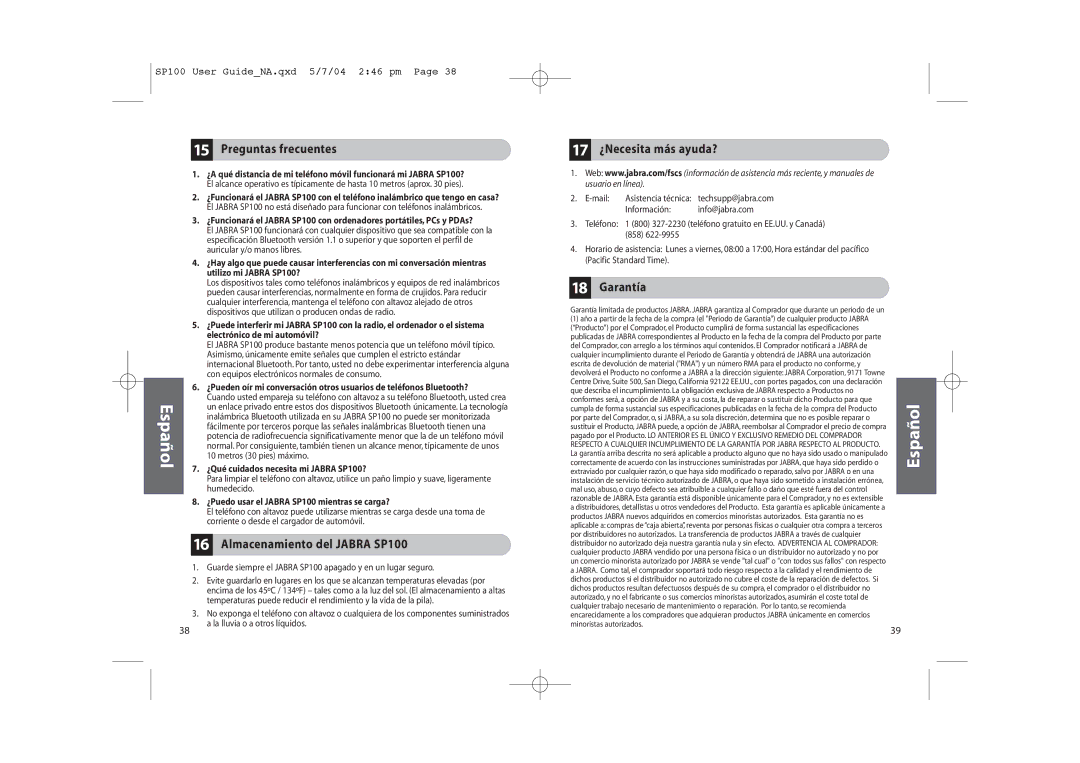 Jabra user manual Preguntas frecuentes, Almacenamiento del Jabra SP100, 17 ¿Necesita más ayuda?, Garantía 