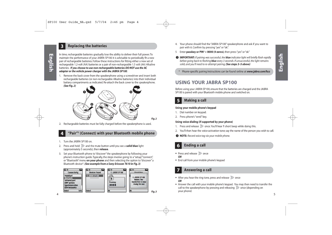 Jabra SP100 Replacing the batteries, Pair2 Connect with your Bluetooth mobile phone, Making a call, Ending a call 