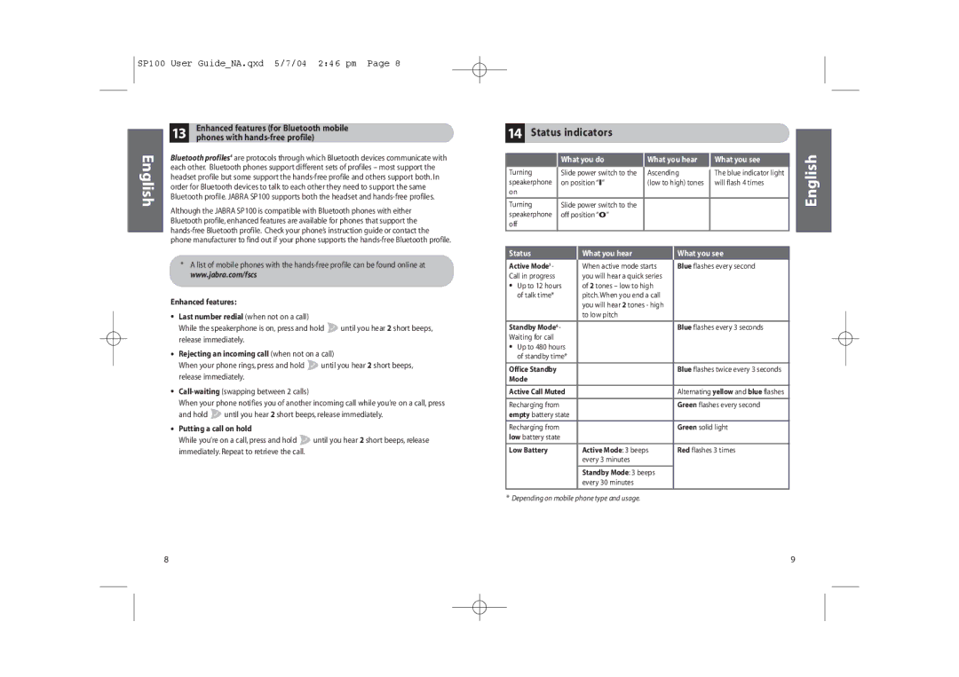 Jabra SP100 Status indicators, Enhanced features, Rejecting an incoming call when not on a call, Putting a call on hold 