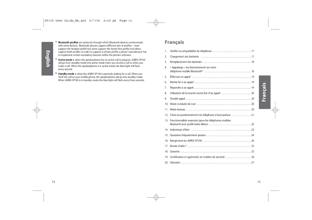 Jabra SP100 user manual Français 