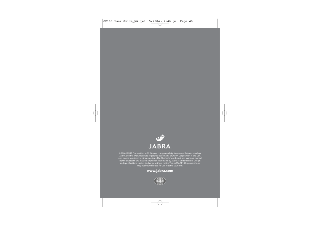 Jabra user manual SP100 User GuideNA.qxd 5/7/04 246 pm Page, Y1E A R, Warranty 