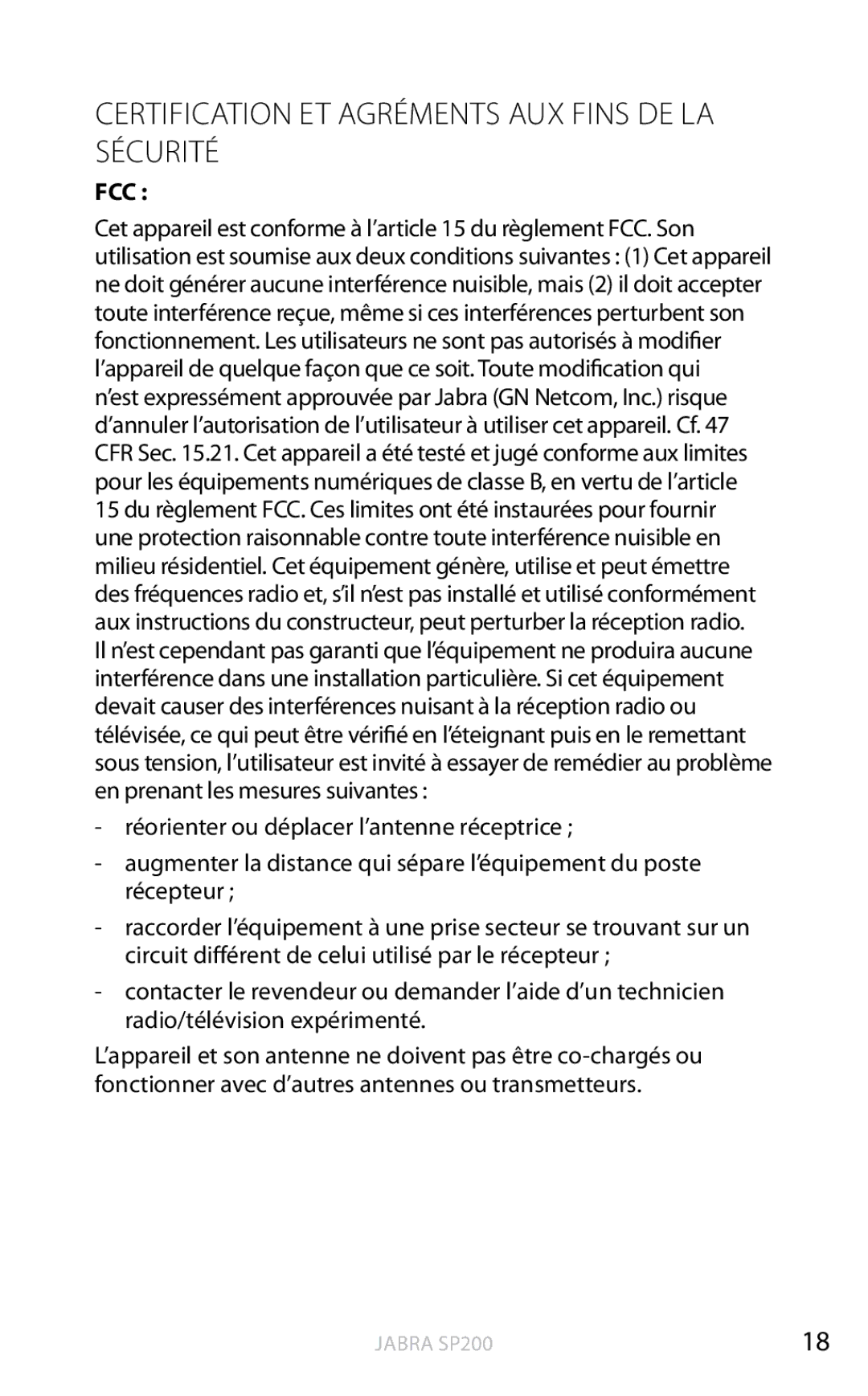 Jabra SP200 user manual Certification ET Agréments AUX Fins DE LA Sécurité 