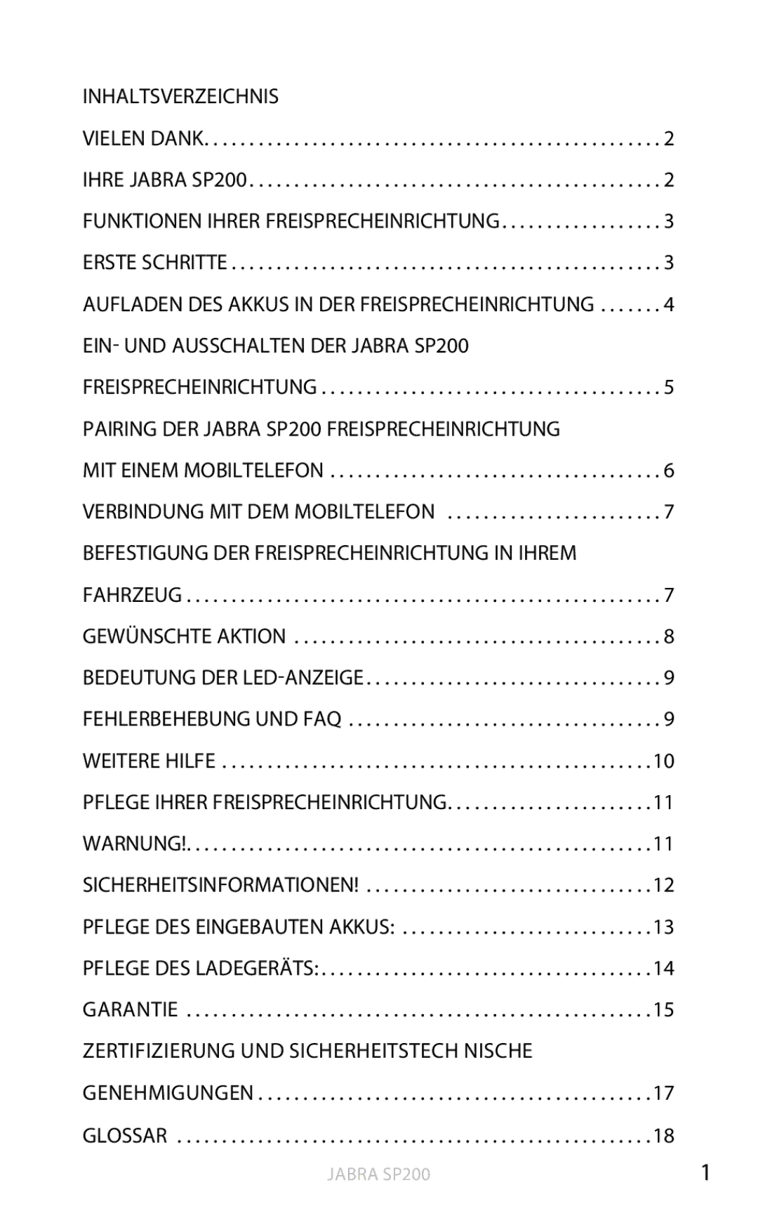 Jabra SP200 user manual Inhaltsverzeichnis, Aufladen des Akkus in der Freisprecheinrichtung 