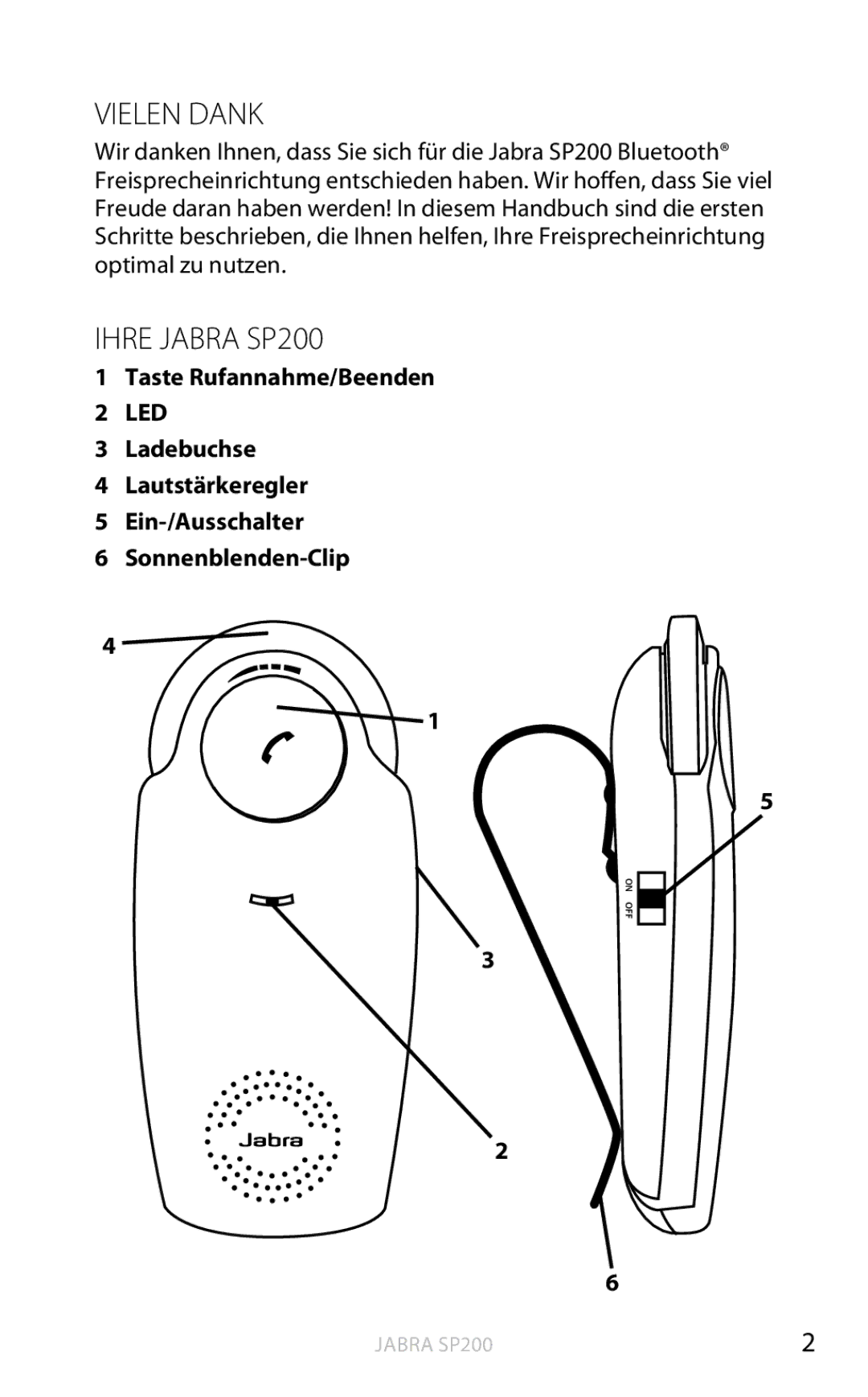 Jabra user manual Vielen Dank, Ihre Jabra SP200, Taste Rufannahme/Beenden 