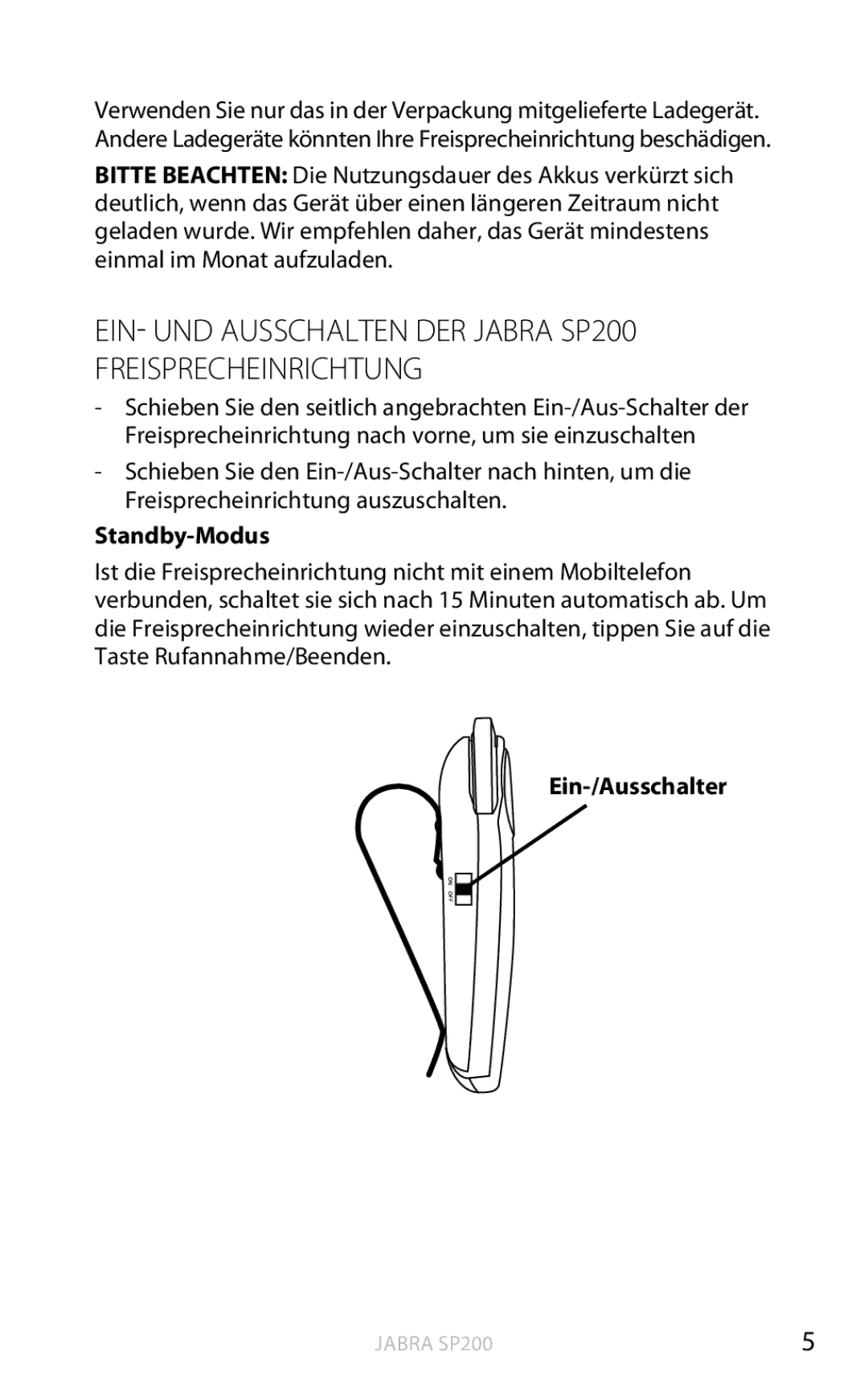 Jabra user manual EIN- UND Ausschalten DER Jabra SP200 Freisprecheinrichtung, Standby-Modus 