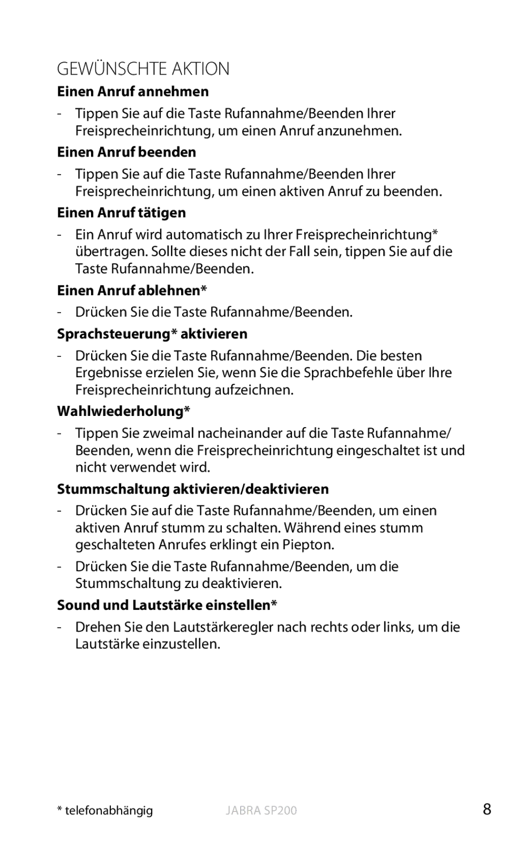 Jabra SP200 user manual Gewünschte Aktion 