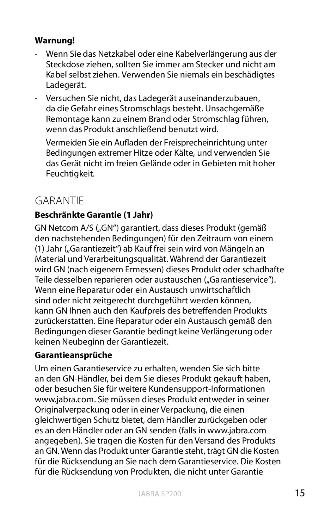 Jabra SP200 user manual Beschränkte Garantie 1 Jahr, Garantieansprüche 