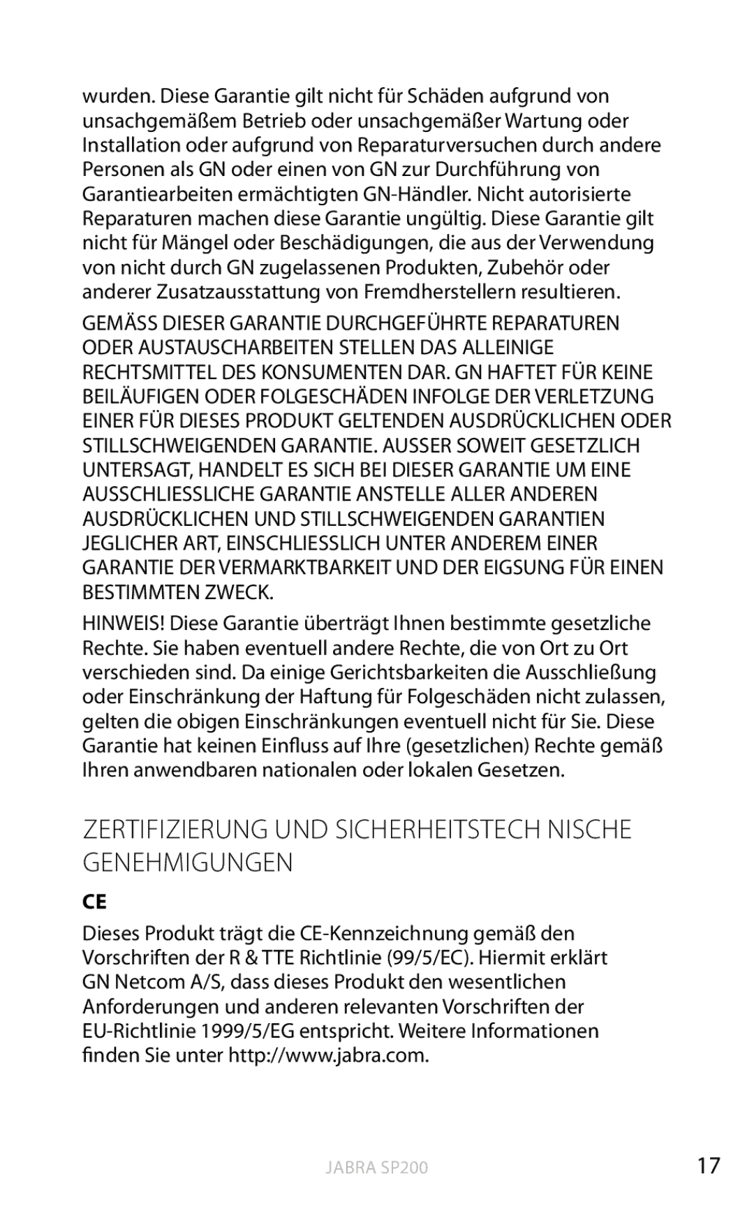 Jabra SP200 user manual Zertifizierung und sicherheitstech nische Genehmigungen 