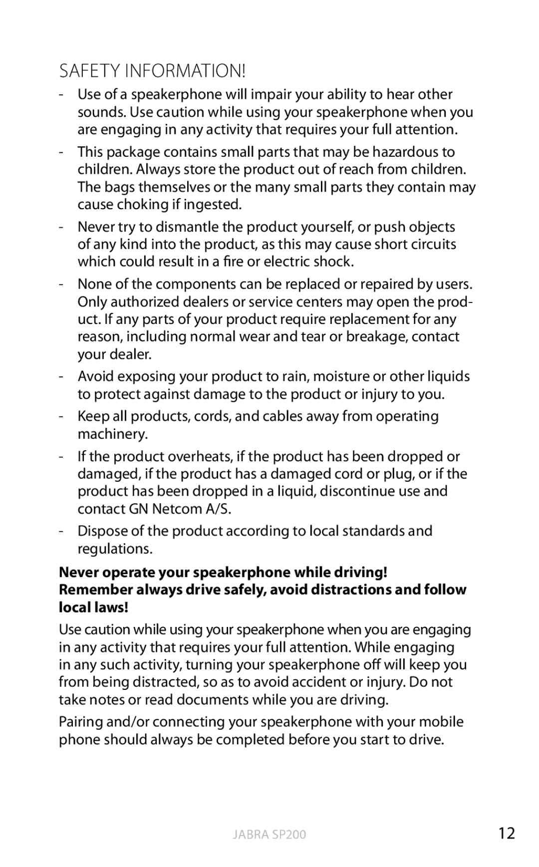 Jabra SP200 user manual Safety Information 