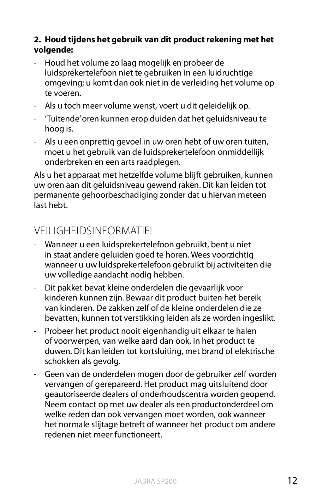 Jabra SP200 user manual Veiligheidsinformatie 