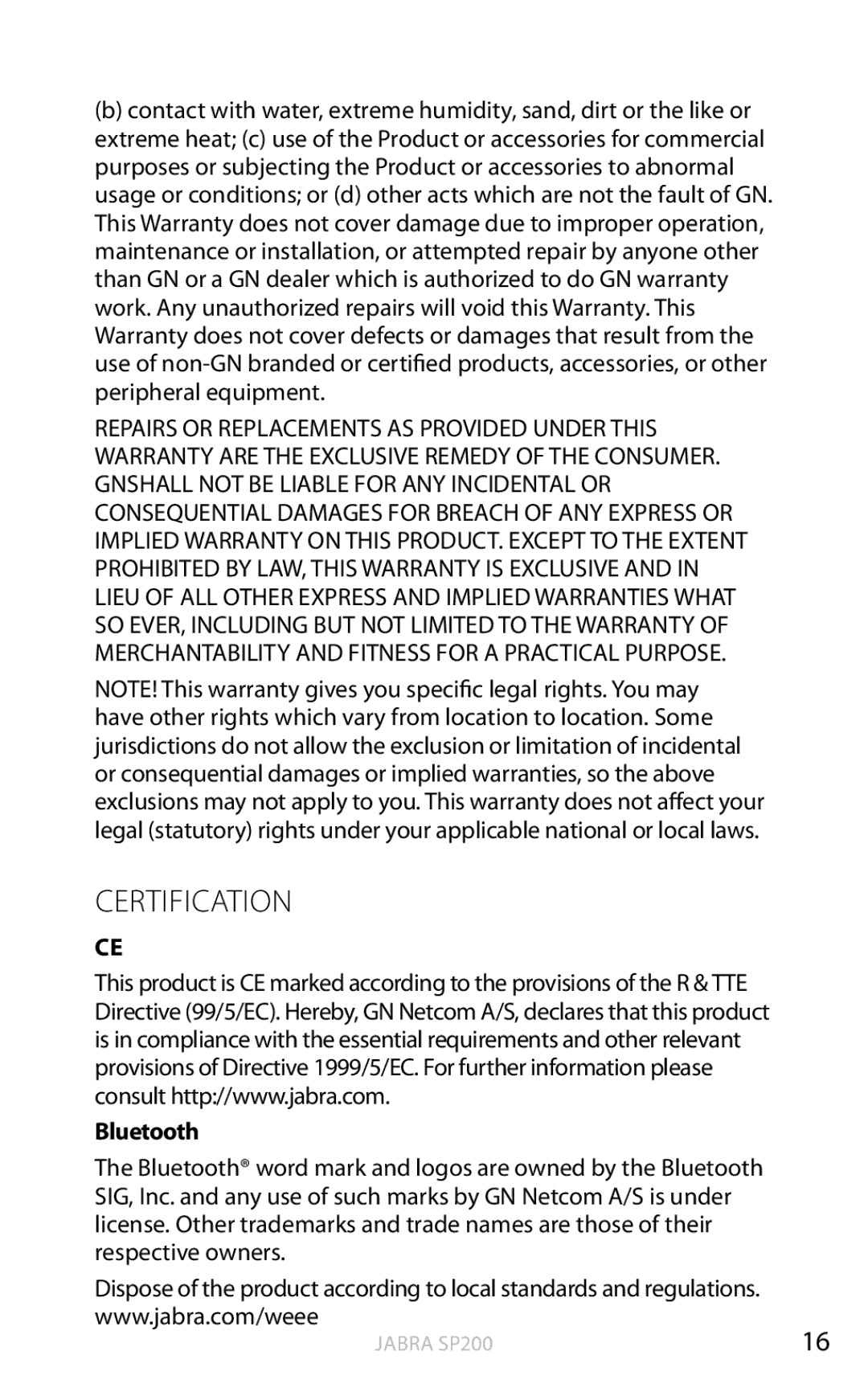 Jabra SP200 user manual Certification, Bluetooth 