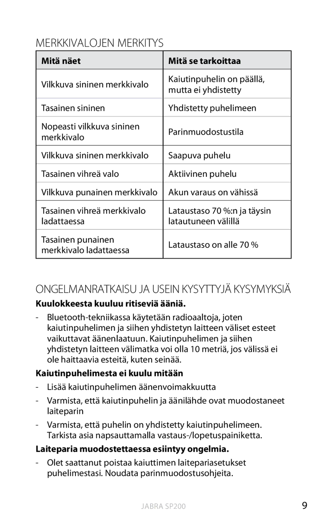 Jabra SP200 user manual Merkkivalojen merkitys, Ongelmanratkaisu ja usein kysyttyjä kysymyksiä 