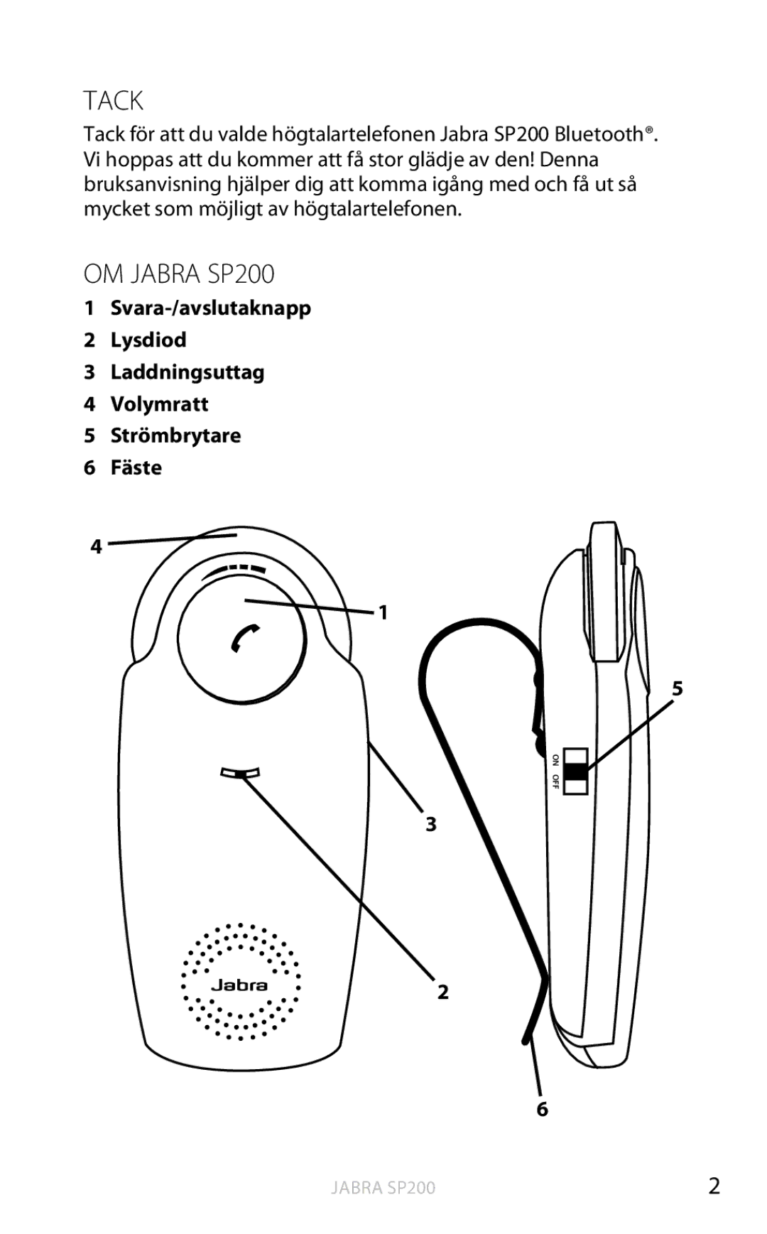 Jabra user manual Tack, OM Jabra SP200 