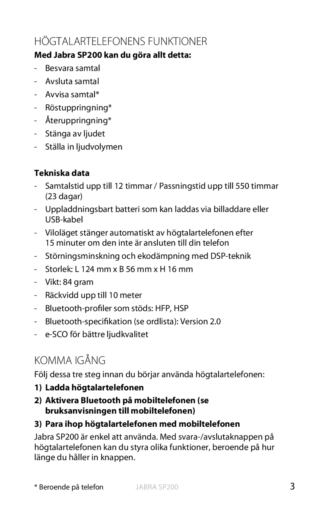 Jabra SP200 user manual Högtalartelefonens Funktioner, Komma Igång 