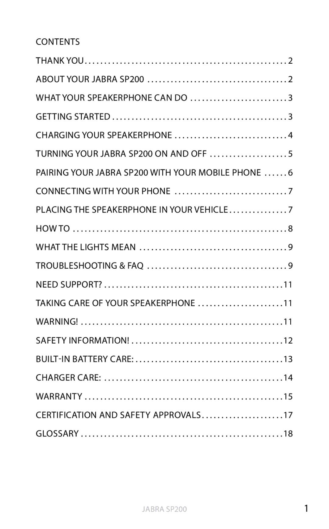 Jabra SP200 user manual Contents, Warranty Certification and safety approvals Glossary 