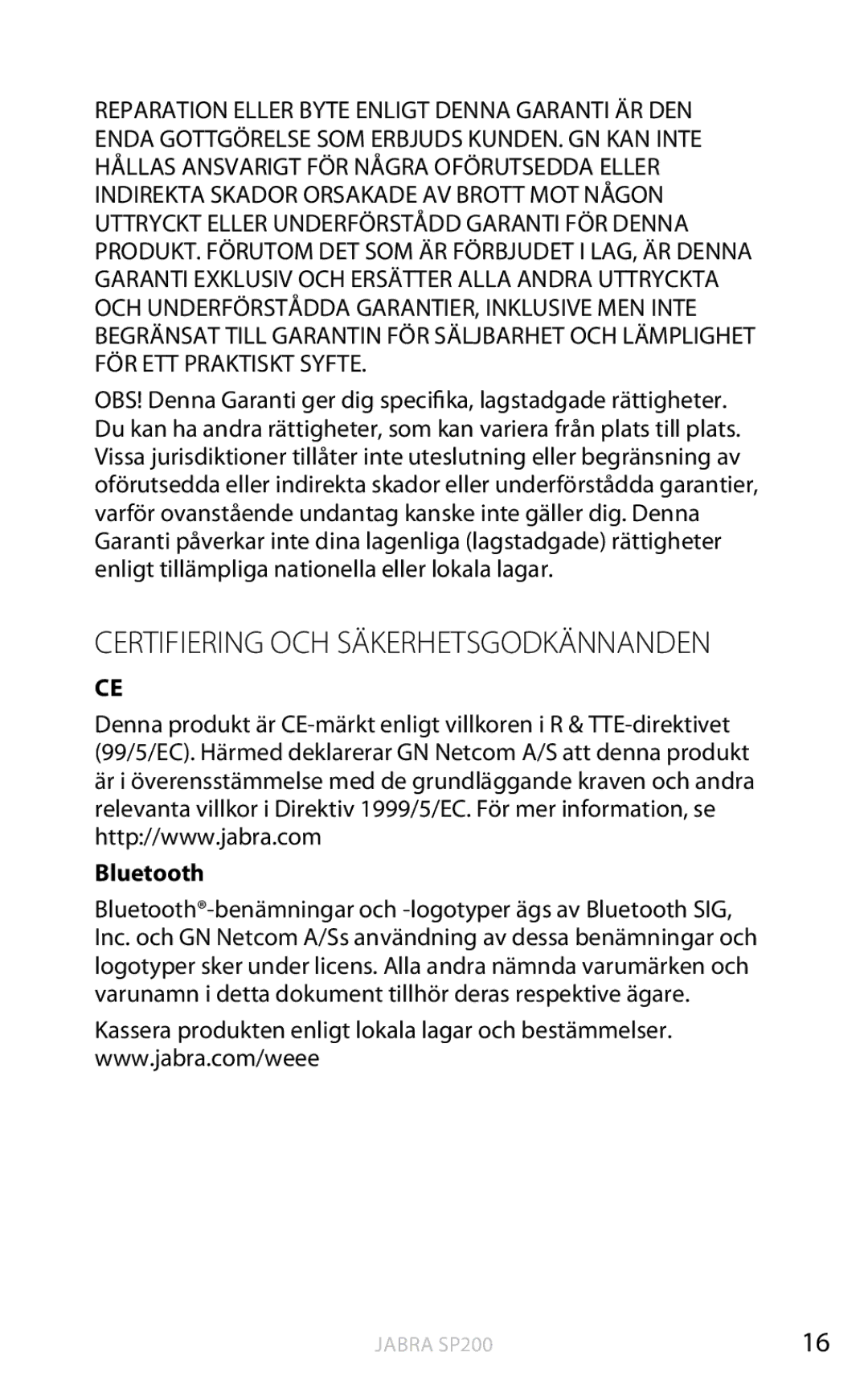 Jabra SP200 user manual Certifiering och säkerhetsgodkännanden, Bluetooth 