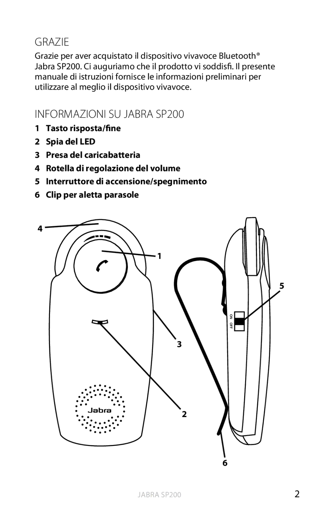 Jabra user manual Grazie, Informazioni SU Jabra SP200 