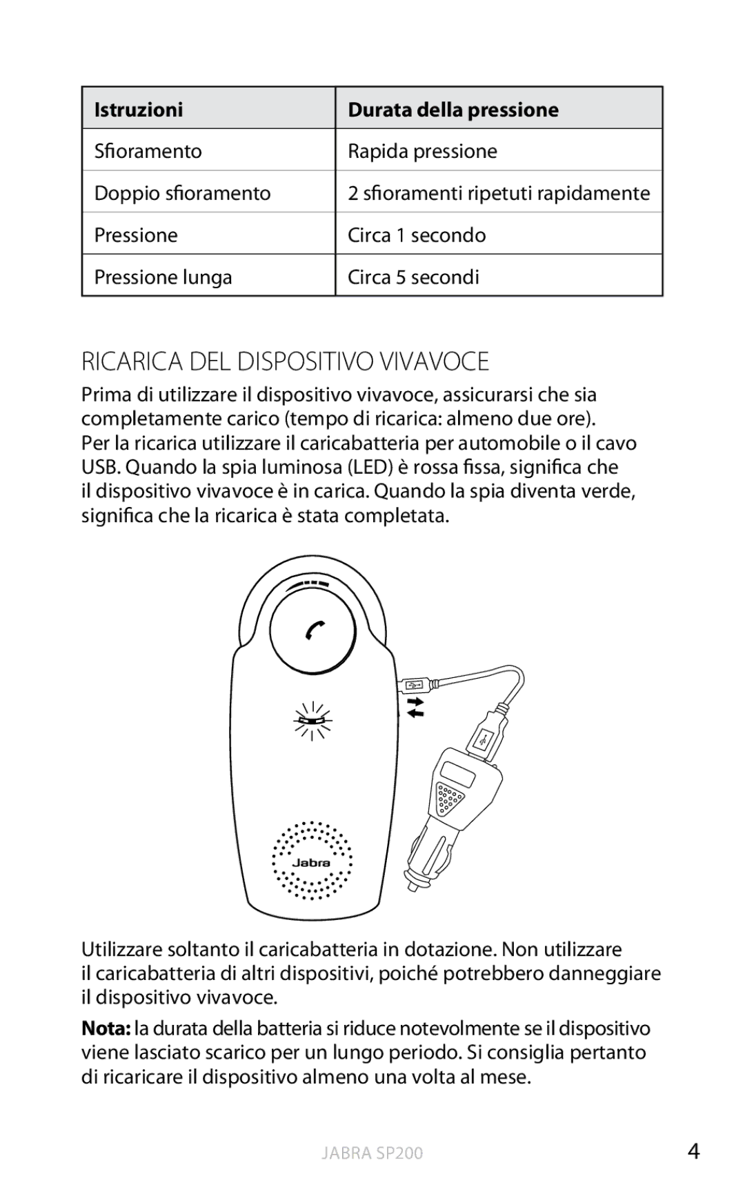 Jabra SP200 user manual Ricarica del dispositivo vivavoce, Istruzioni Durata della pressione 