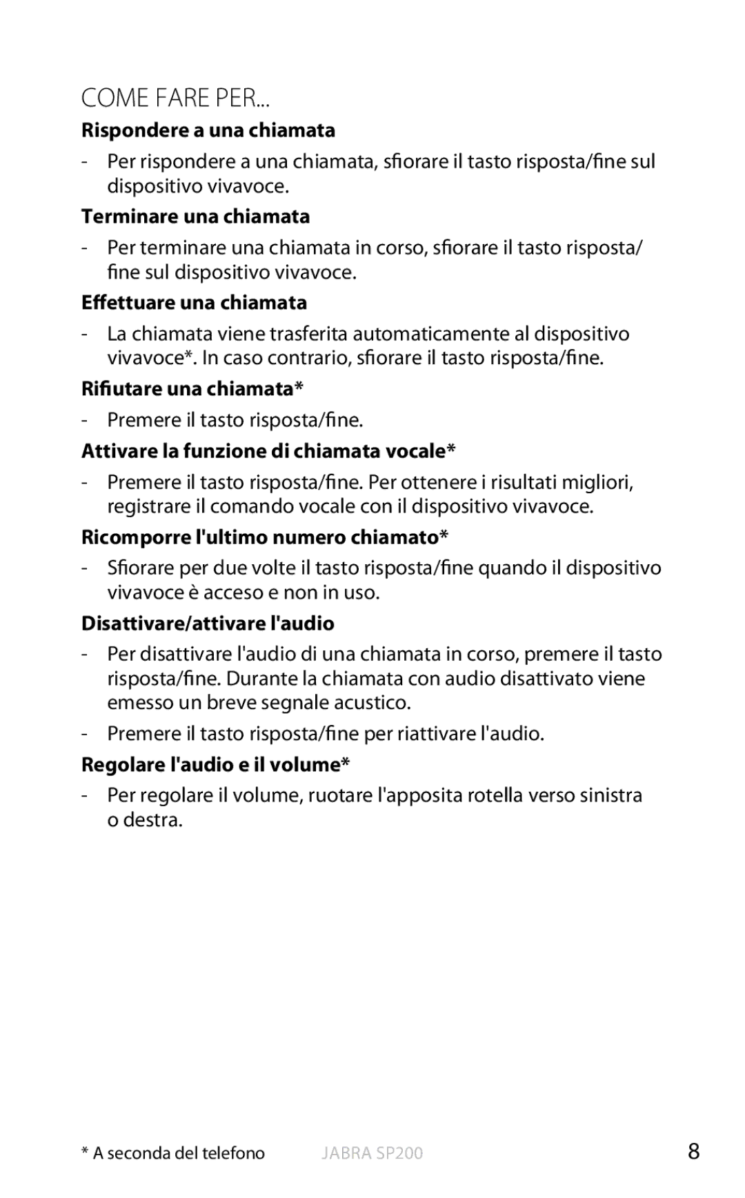 Jabra SP200 user manual Come Fare PER 