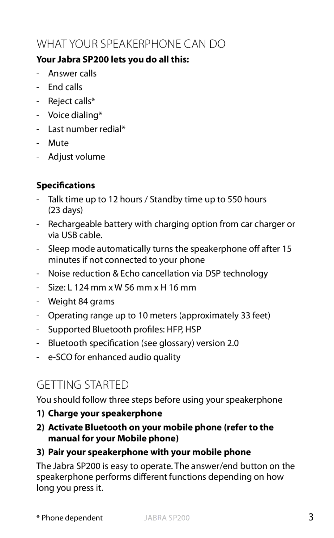 Jabra SP200 user manual What Your Speakerphone can do 