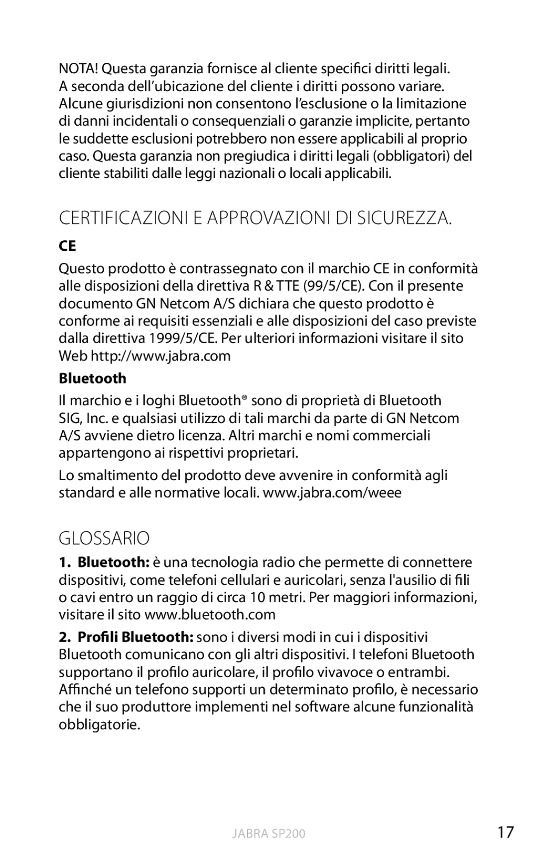 Jabra SP200 user manual Certificazioni e approvazioni di sicurezza, Glossario 