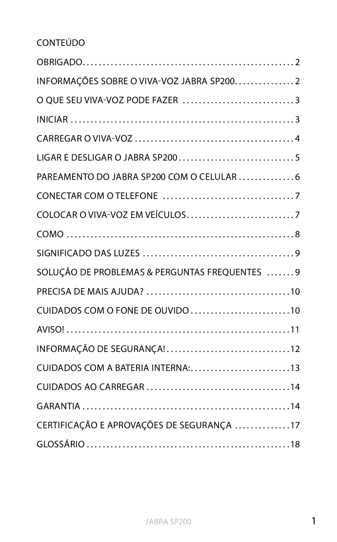 Jabra SP200 user manual Conteúdo, Carregar o viva-voz, Glossário 