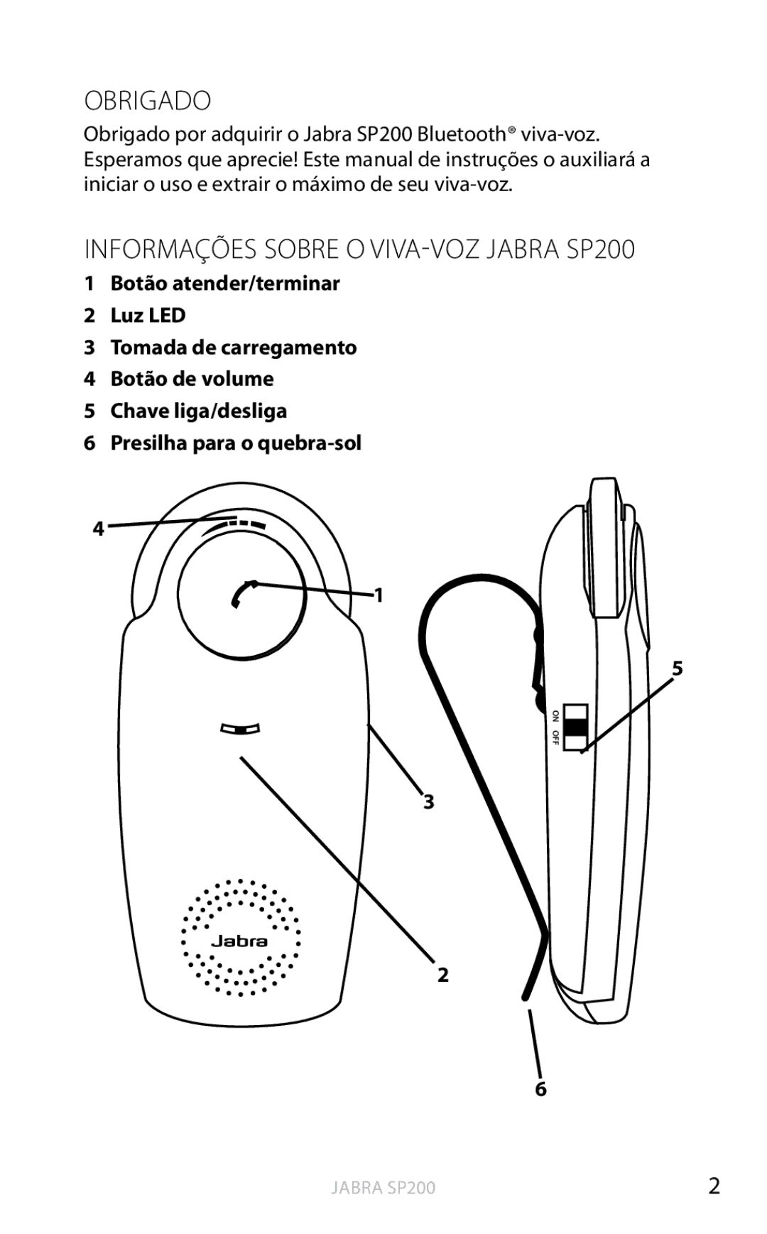 Jabra user manual Obrigado, Informações Sobre O VIVA-VOZ Jabra SP200 