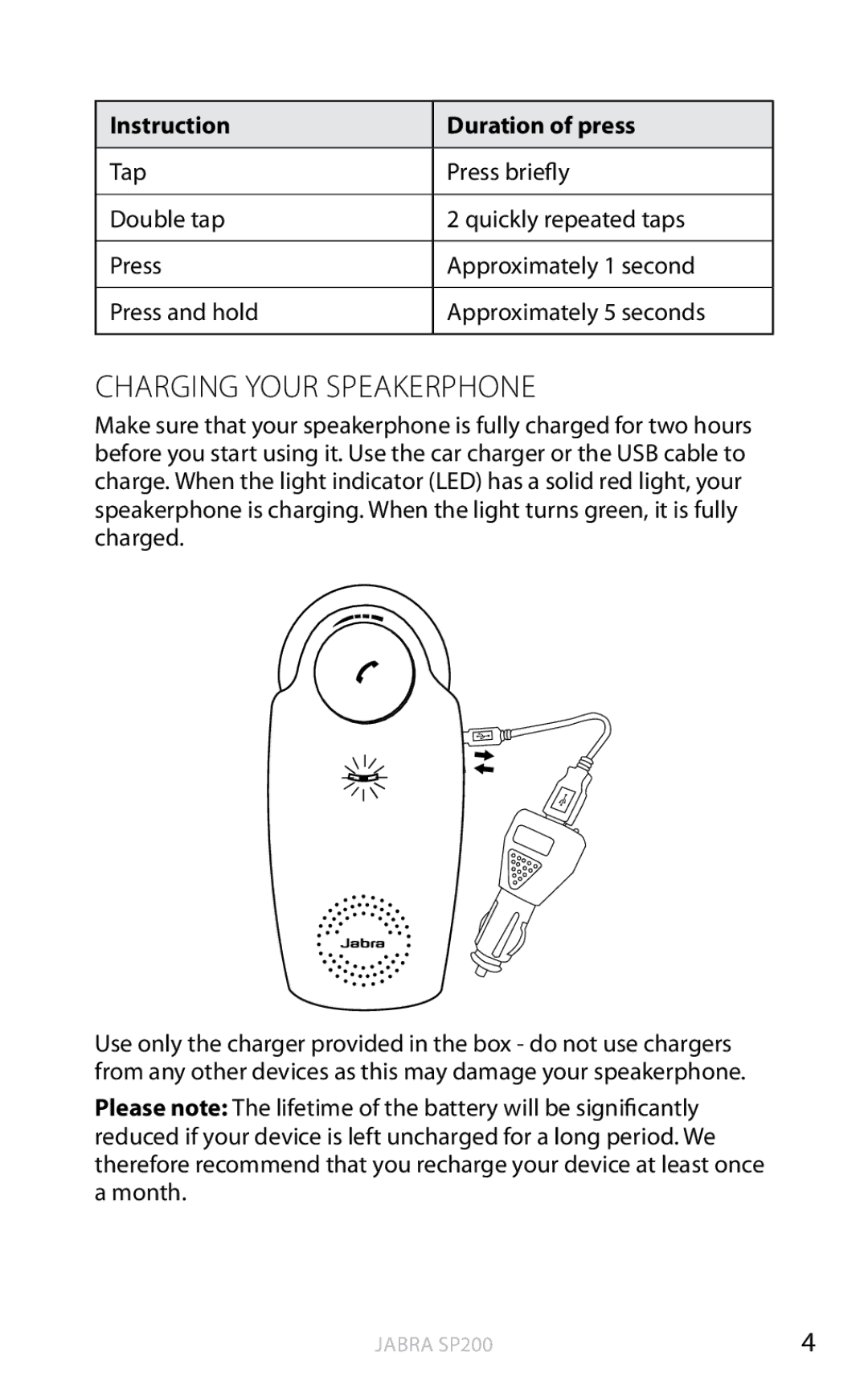 Jabra SP200 user manual Charging your Speakerphone 