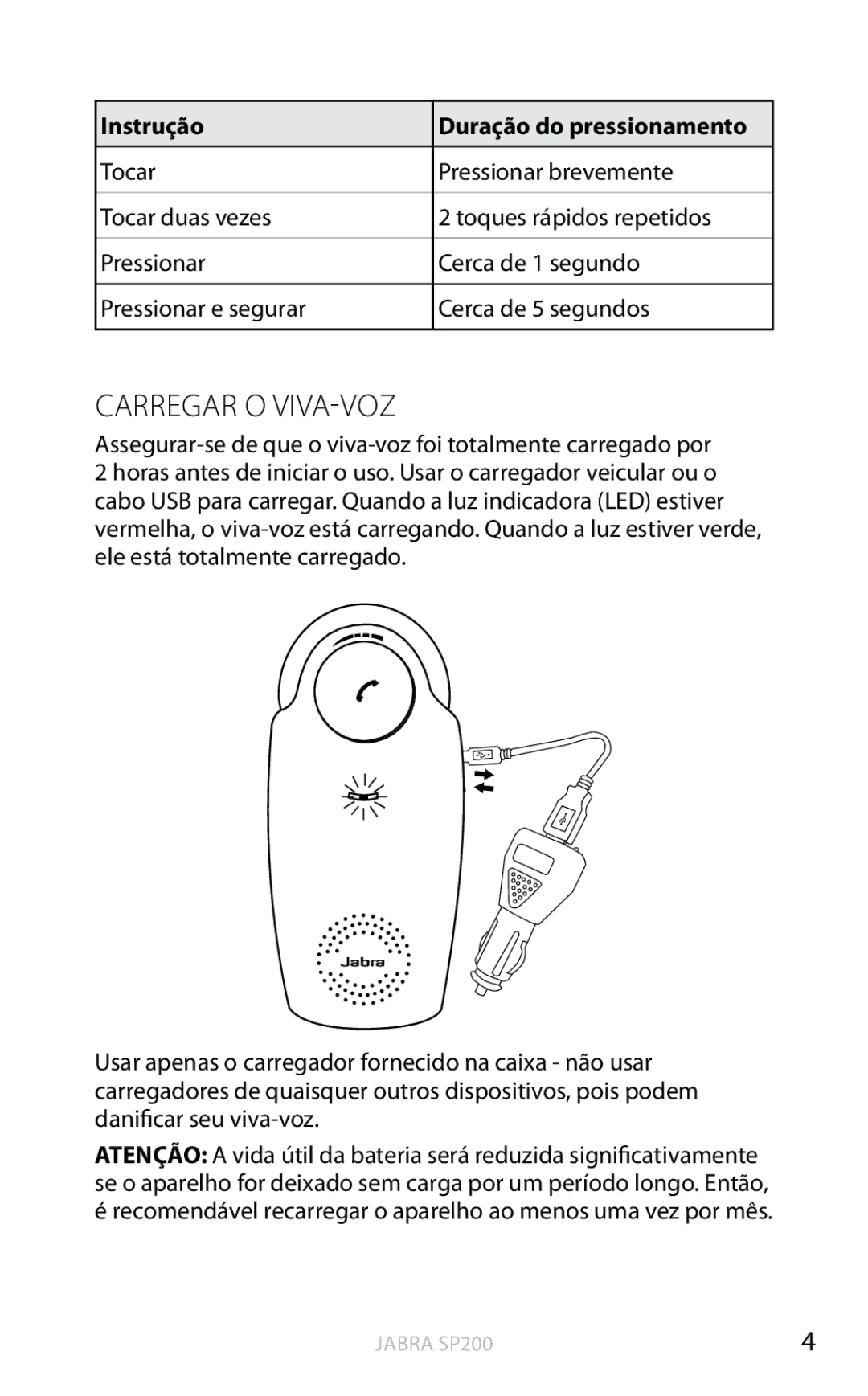 Jabra SP200 user manual Carregar o viva-voz, Instrução 