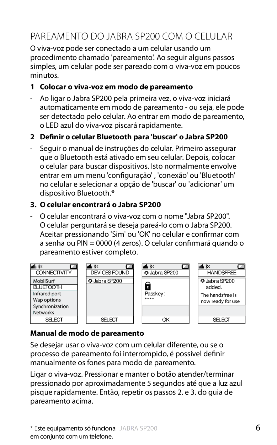 Jabra Pareamento do Jabra SP200 COM O Celular, Colocar o viva-voz em modo de pareamento, Manual de modo de pareamento 