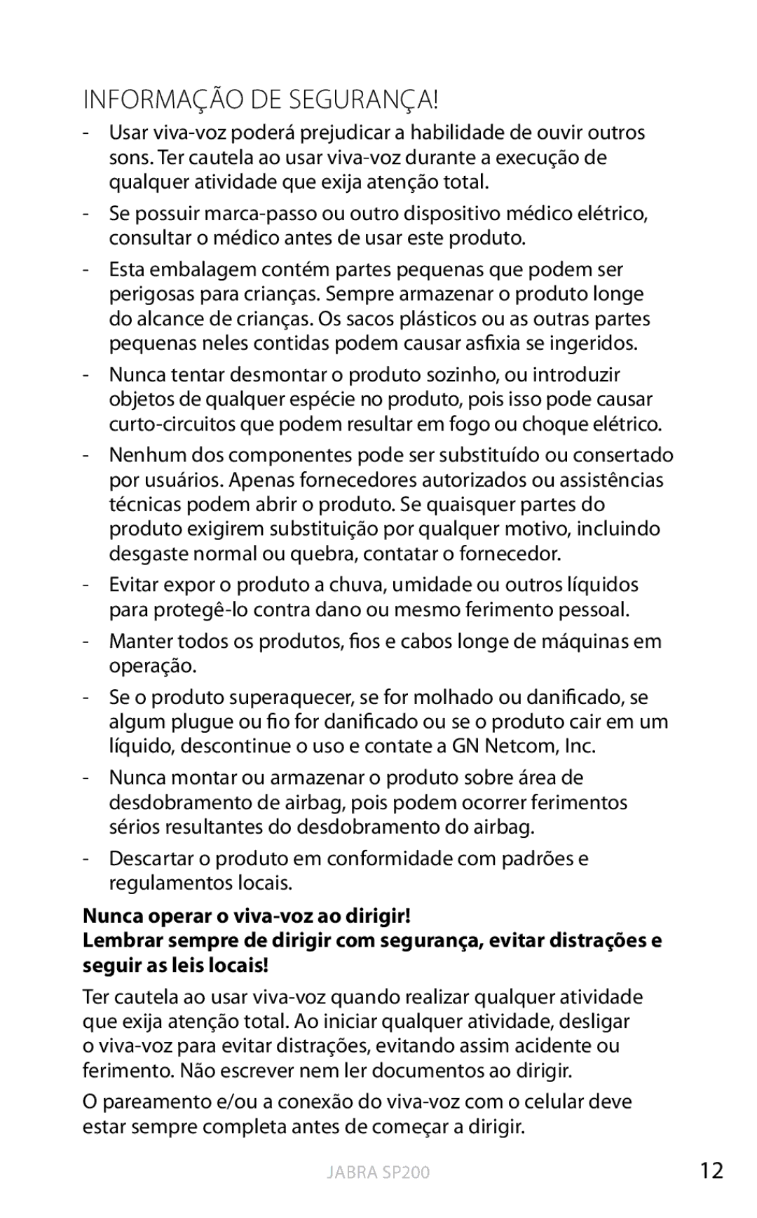 Jabra SP200 user manual Informação DE Segurança 