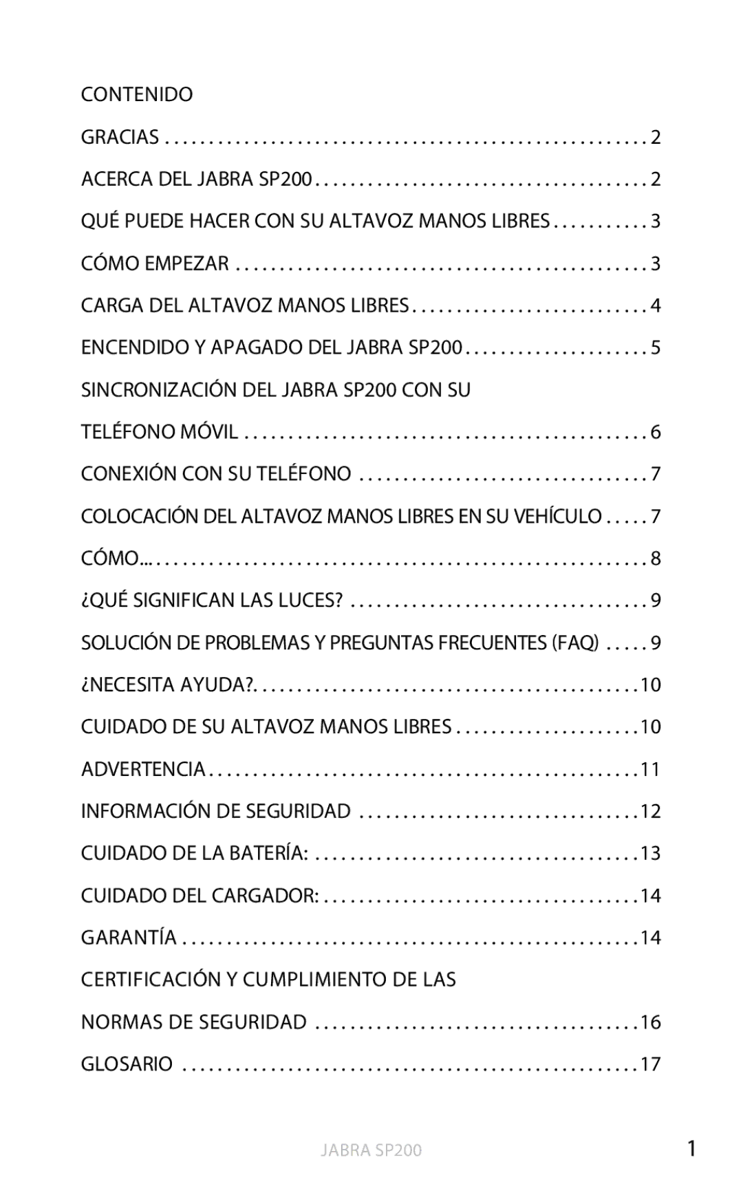 Jabra SP200 user manual Contenido, Carga del altavoz manos libres 